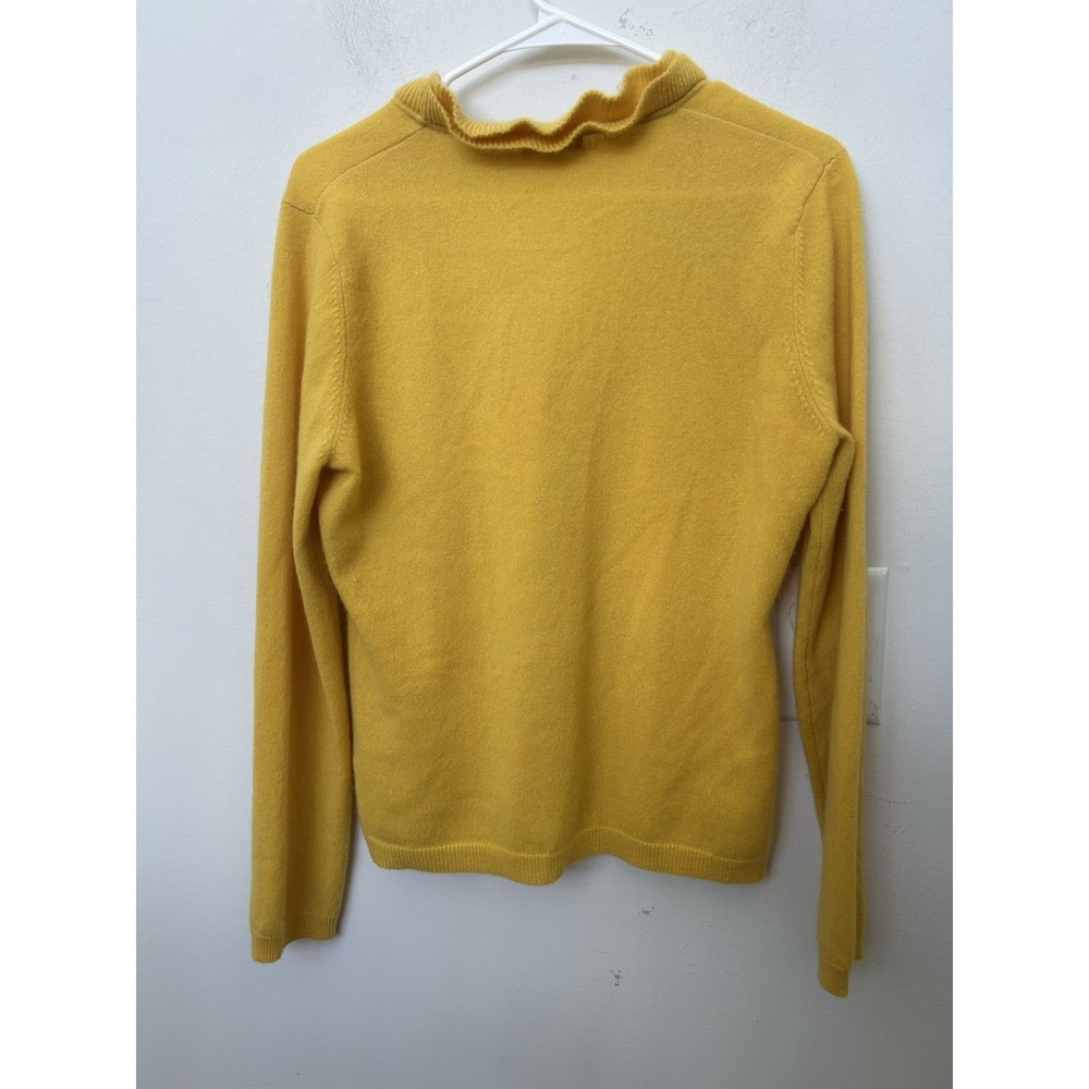Garnet Hill 100% Cashmere Cardigan Ruffle YellowSweater Prep Office Grannycore M - Picture 3 of 7